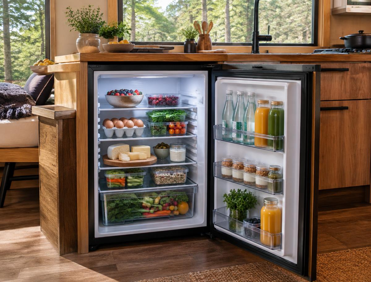 Cabin refrigerator stocked with fresh groceries